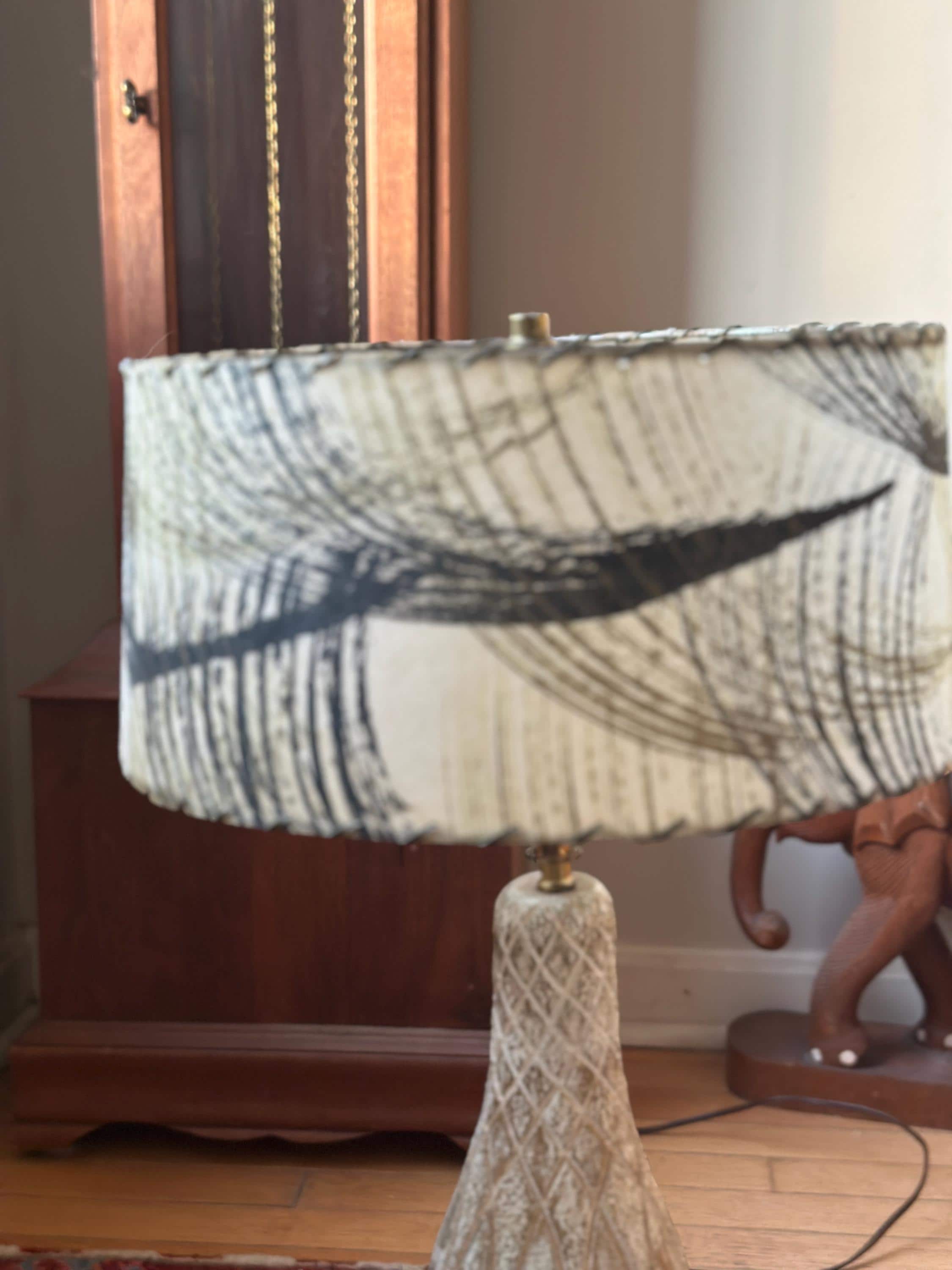 Vintage 1950s Mid-Century Modern Fiberglass Drum Lamp Shade – Black & White Abstract Brushstroke Pattern – Atomic Era Lighting Decor
