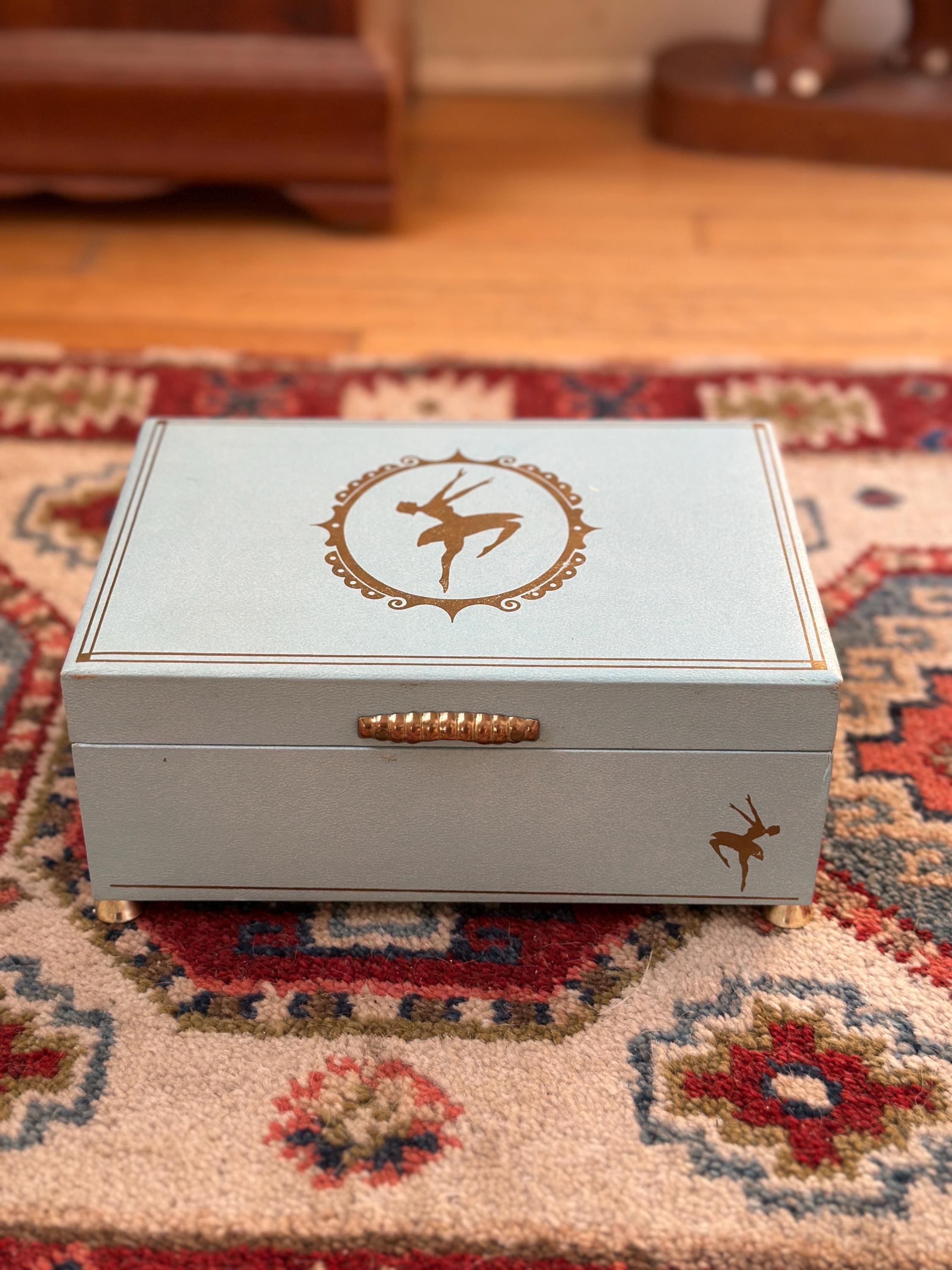 Vintage Powder Blue & Pink Ballerina Musical Jewelry Box – Mid Century Jewelry Chest – Retro Girl’s Keepsake Box – 8.5” x 4”