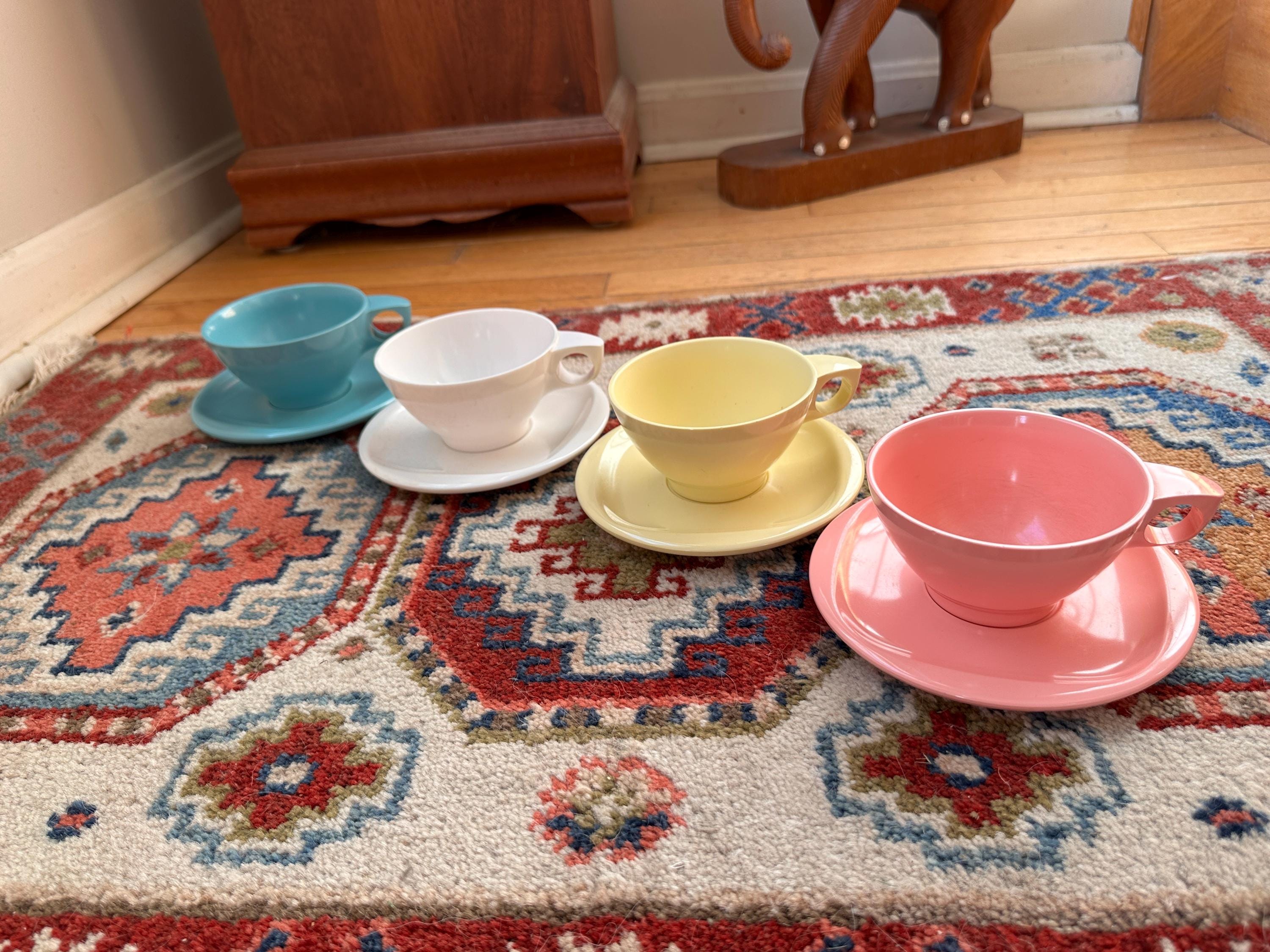 Vintage Boontonware Melamine Coffee Cups & Saucers Set of 4 – Blue, Pink, Yellow +  White – Mid-Century Modern Melmac – Made in USA