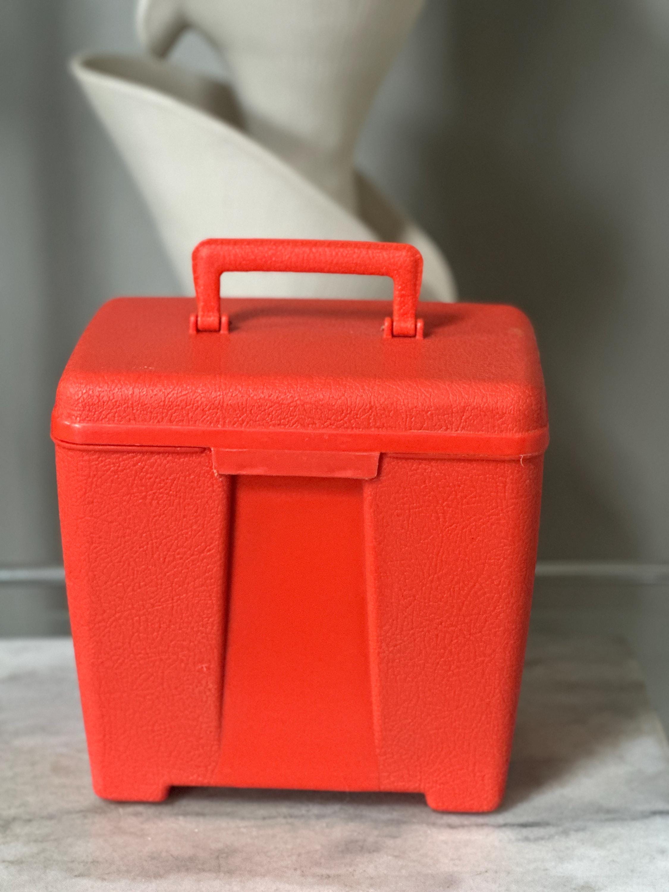 Vintage Red / Orange Pebbled Plastic  45 RPM Record Carrier Box with 53  Records