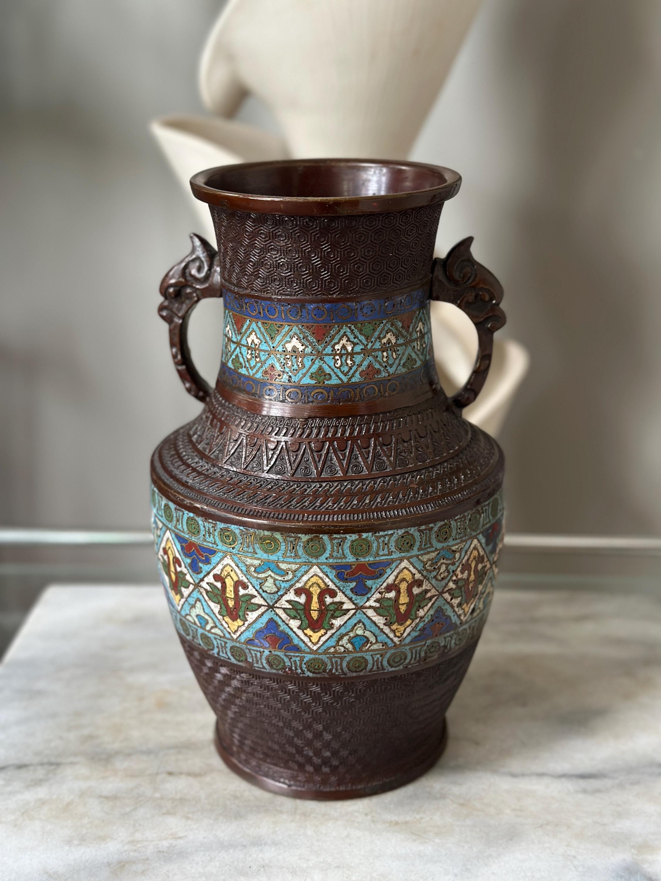 Antique Japanese Bronze Vase | Cloisonné Champlevé Urn with Fu Dog Handles 12” Tall