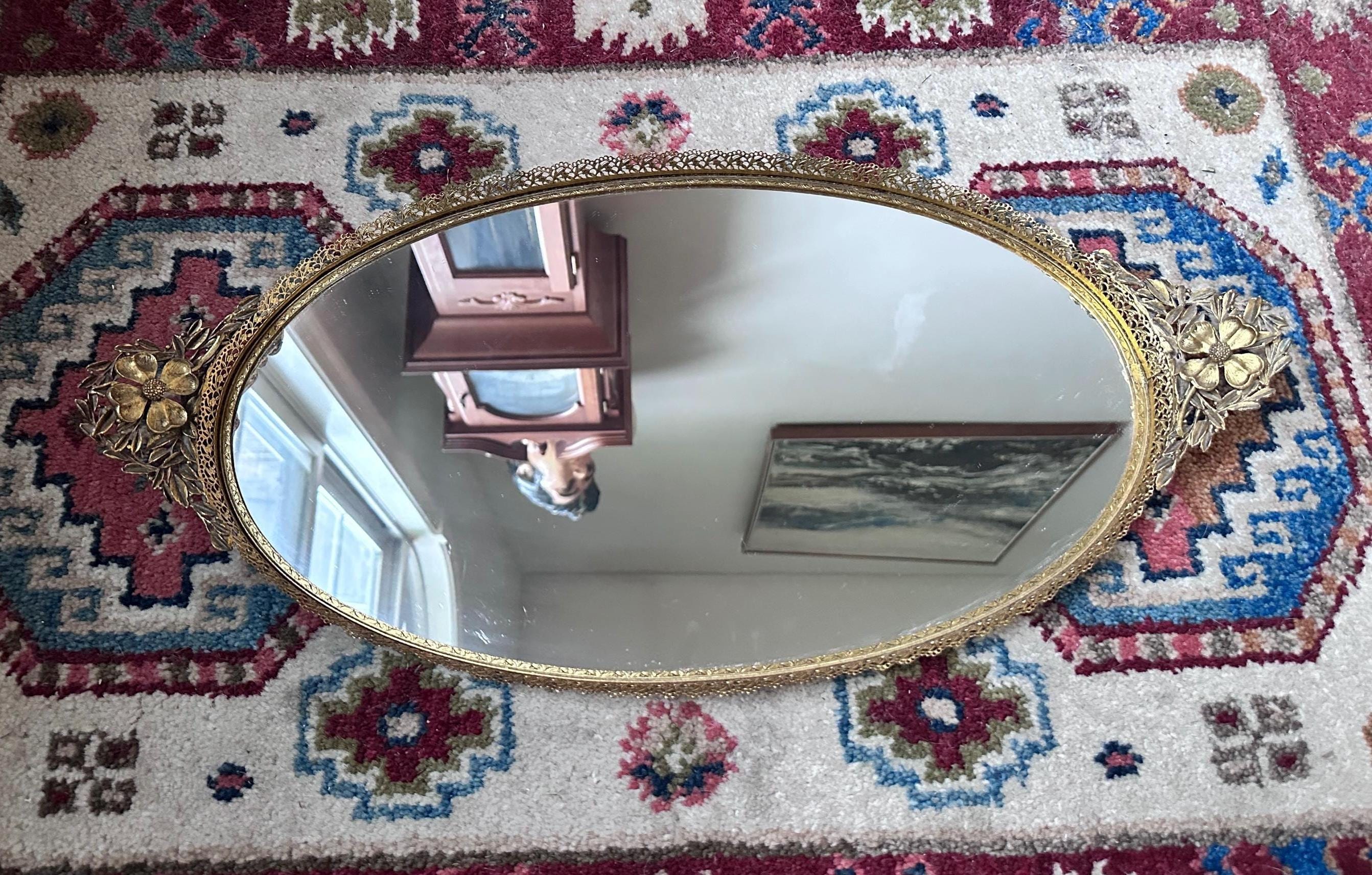 Vintage Hollywood Regency Oval Vanity Mirror | Gold Filigree Dogwood Flower Handles