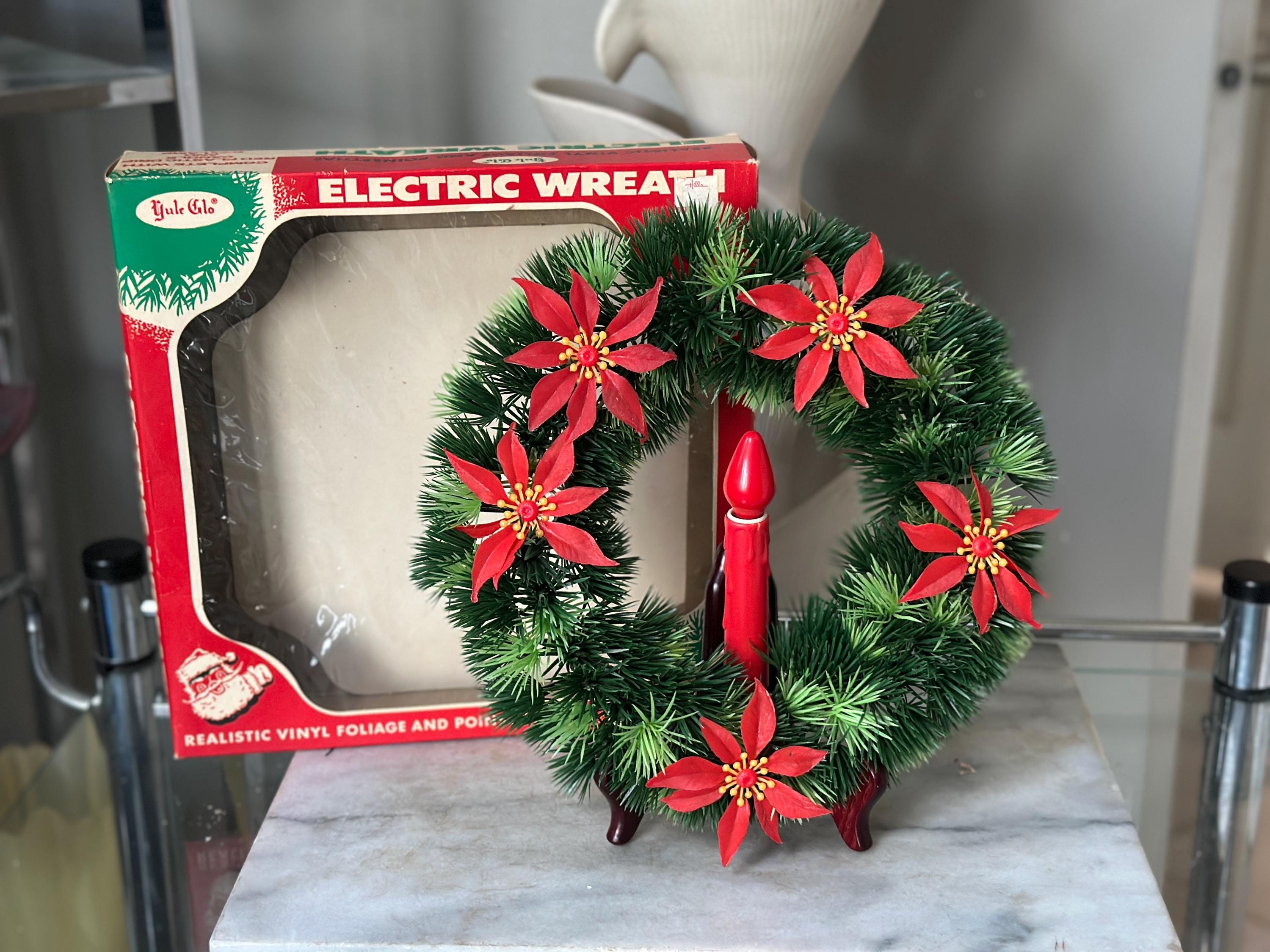 Vintage Yule Glo Electric Lighted Christmas Wreath | Plastic Poinsettias & Red Drip Candle | Mid-Century Holiday Decor