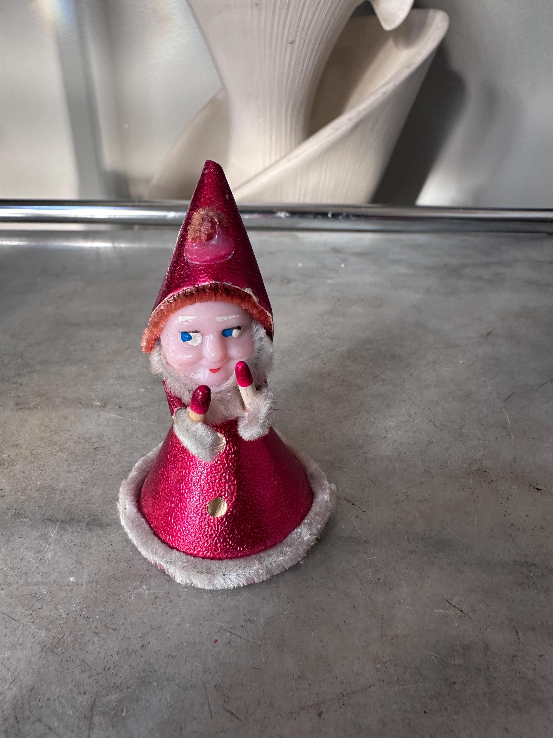 Vintage 1940s–1950s Pixie Elf Gnome Ornament with Candles | Made in Japan | Retro Christmas Kitsch Collectible | 3” x 2”