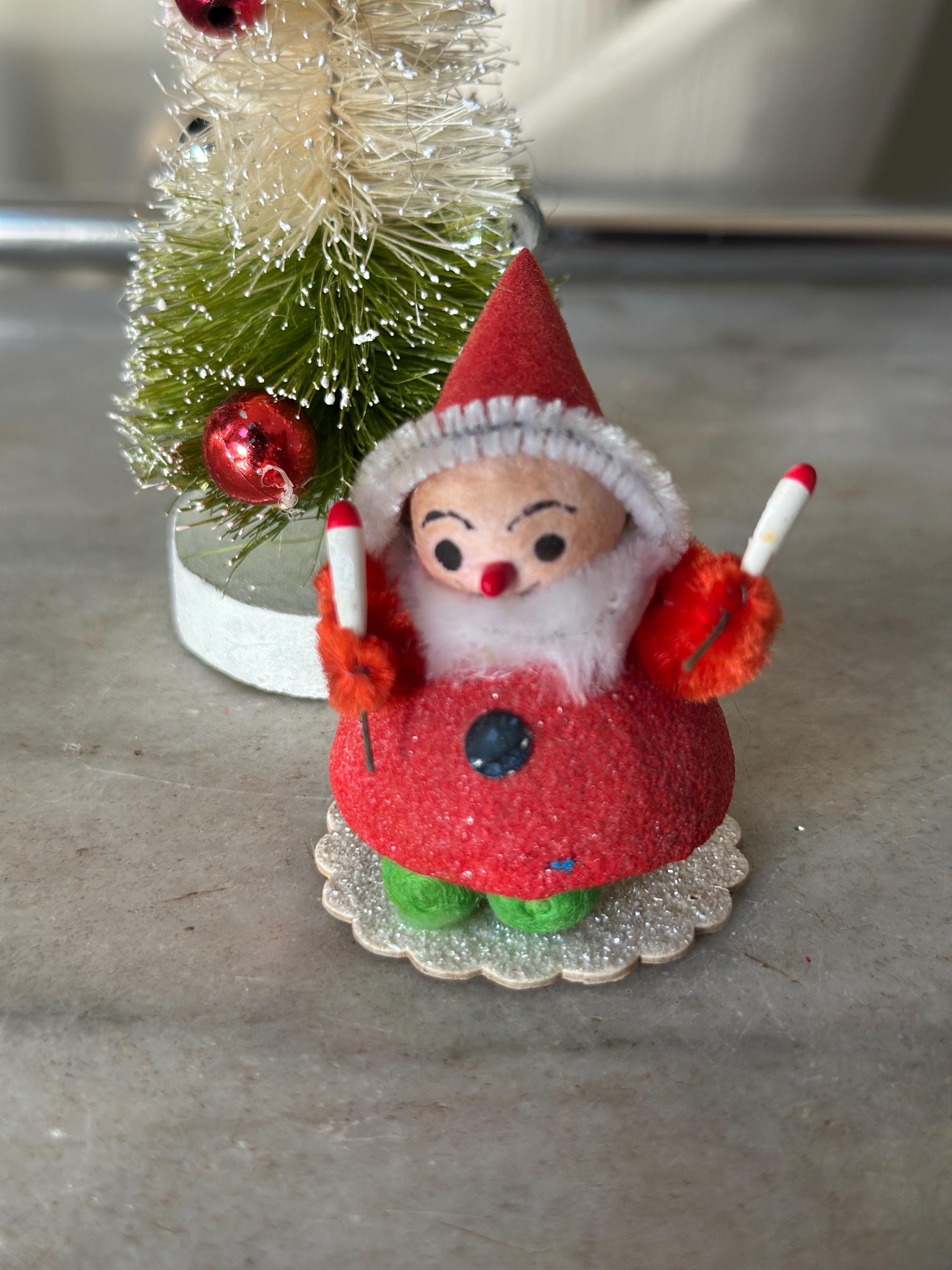 Vintage Christmas Elf Gnome Holding Candles | Putz Mica & Chenille Ornament | Red + White Holiday Decor | 2” x 1.75”