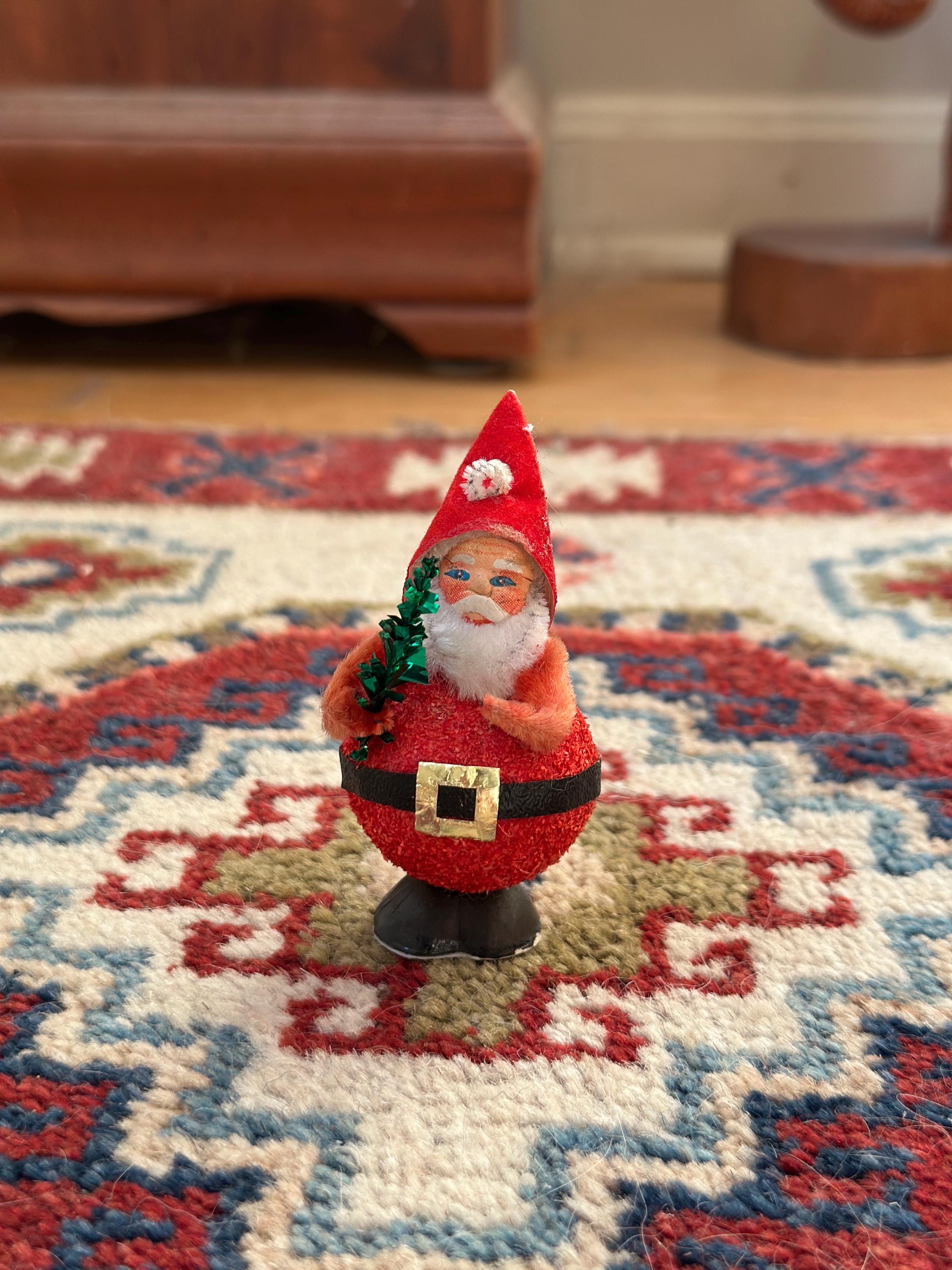 Vintage 1950s Putz Santa Ornament | Spun Cotton Santa with Bottle Brush Tree | Made in Japan | Christmas Kitsch Decor