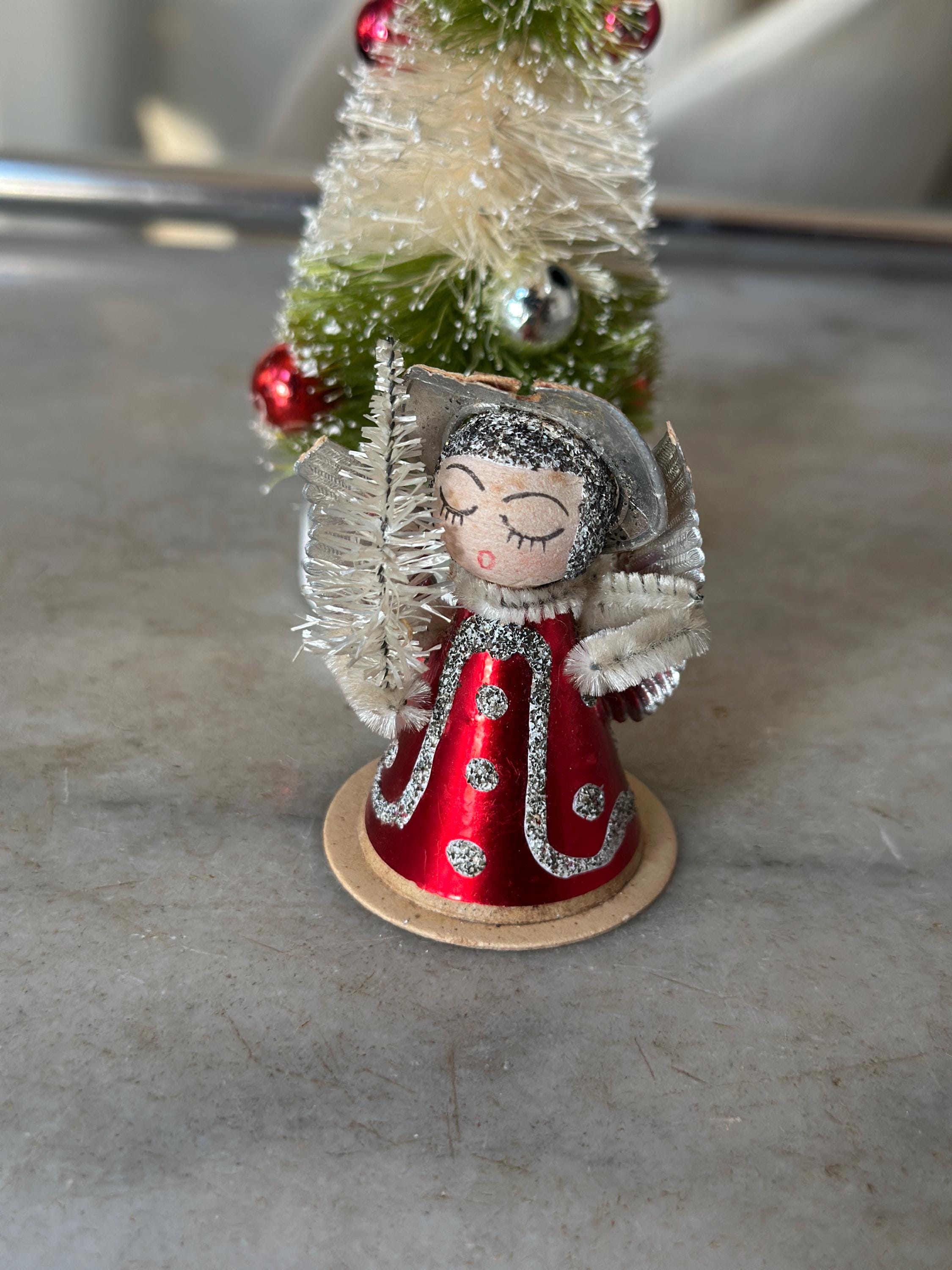 Vintage MCM 1950s Shiny Brite Spun Cotton Angel Ornament | Metallic Angel with Bottlebrush Tree | Japan Christmas Kitsch Decor | Valentine’s