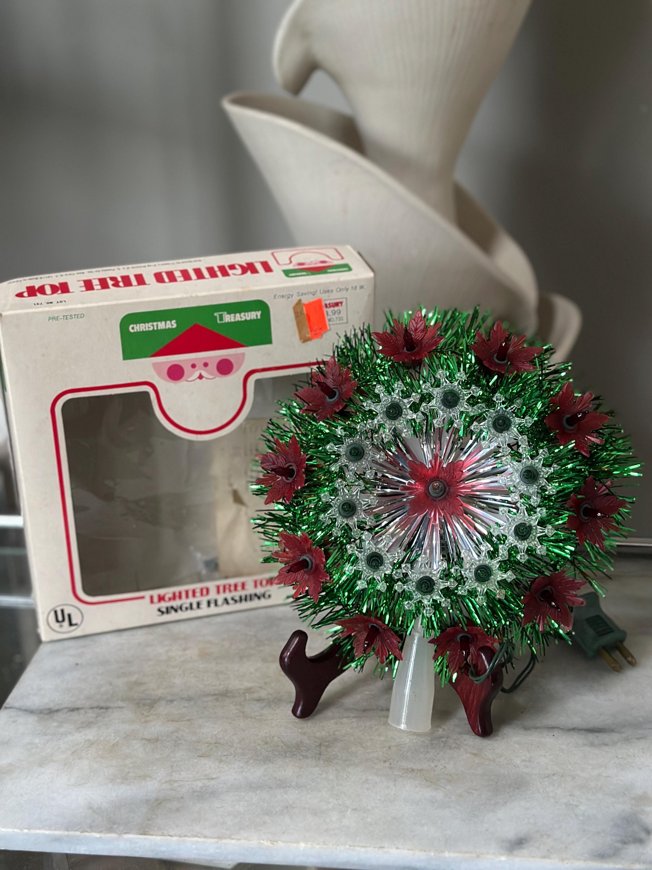 Vintage Treasury Lighted Poinsettia Christmas Tree Topper | Red + Green Tinsel | Flashing & Steady Lights | Original Box | Tested Working