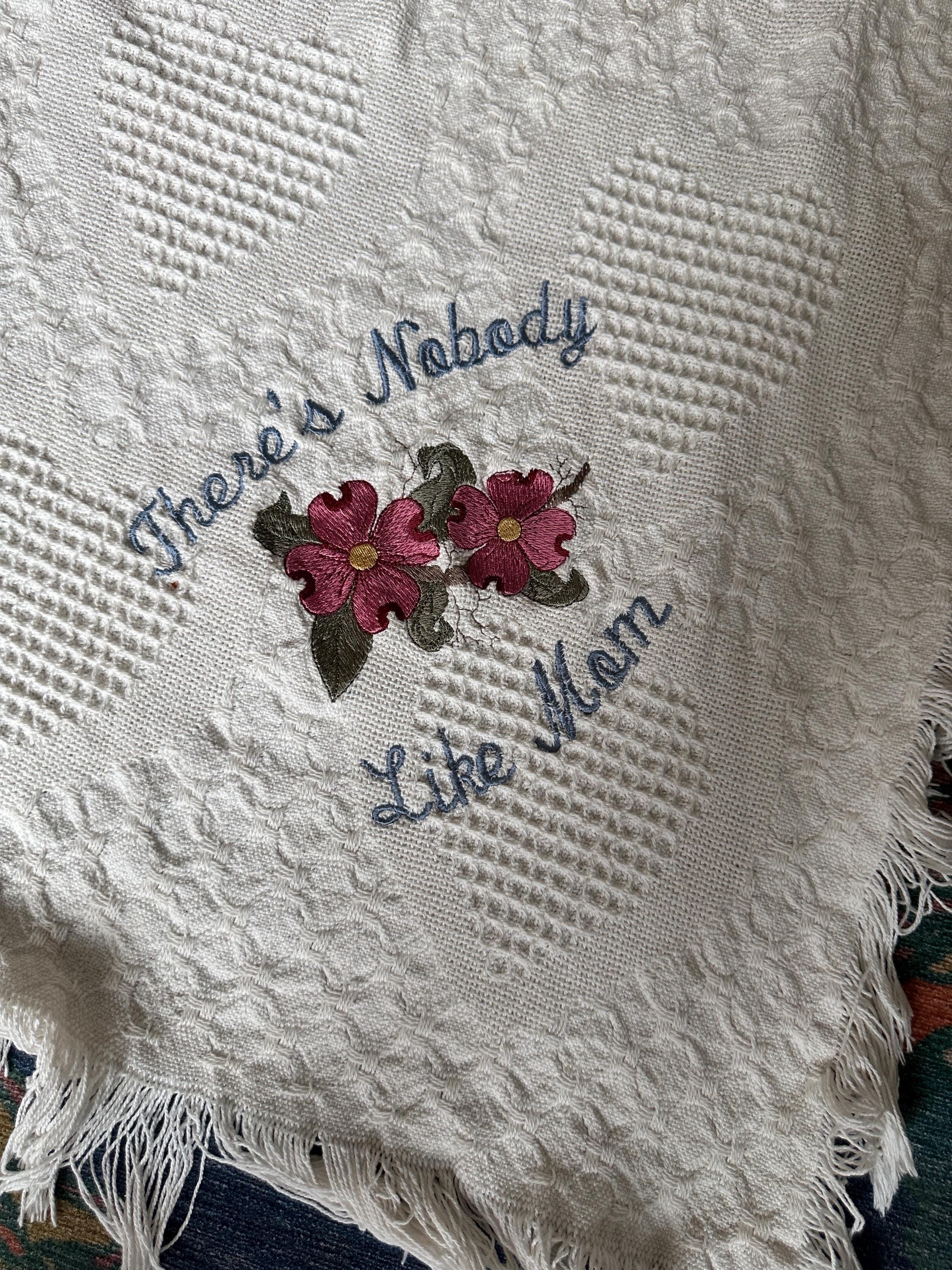 Embroidered Cotton Throw Blanket – “There’s Nobody Like Mom” Heart Design, Fringe Edges, 64” x 32”