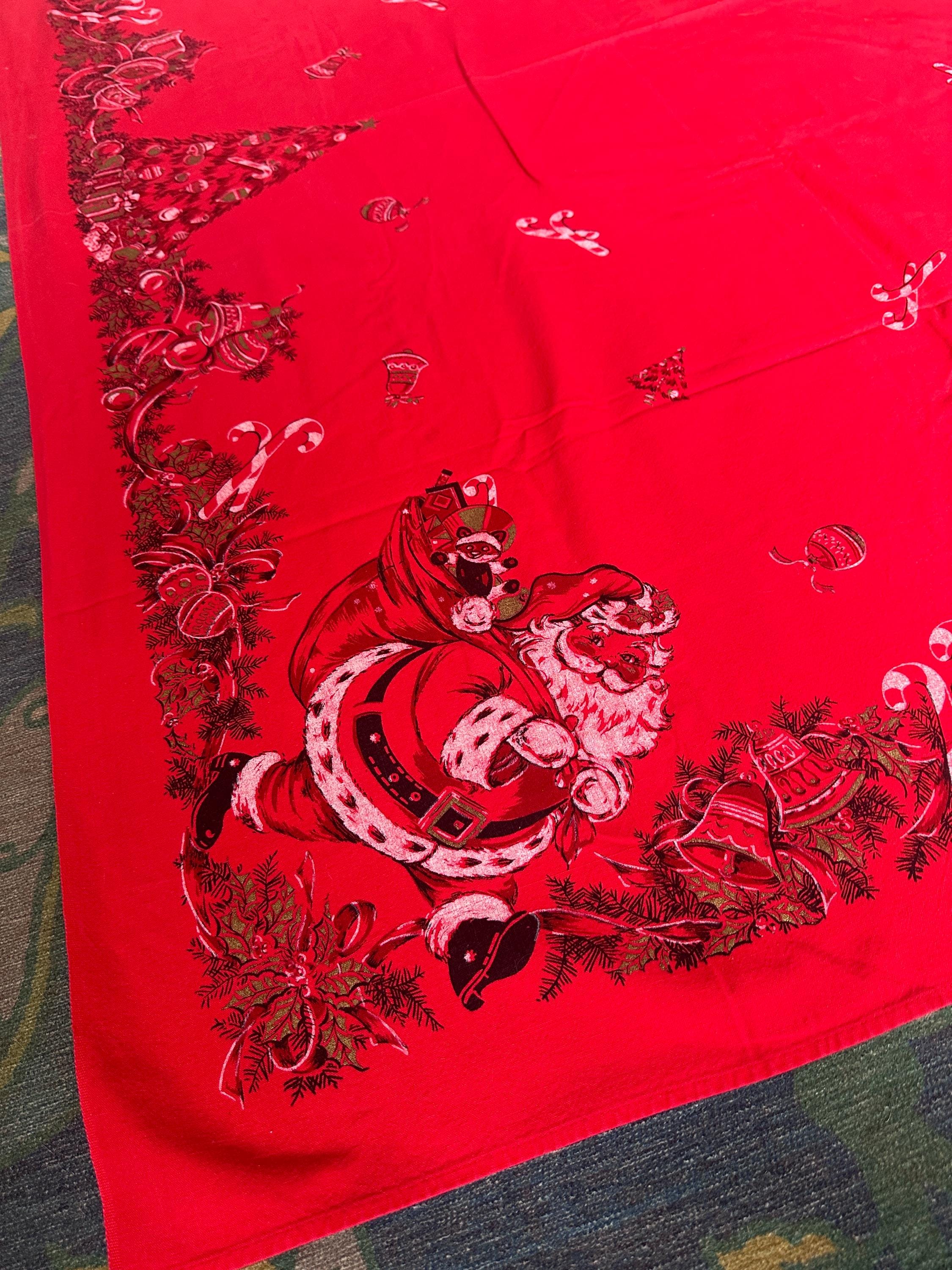 Vintage MCM Kitschy Christmas Tablecloth | Bright Red Santa, Christmas Tree & Gifts Print | 48” x 60” | Retro Holiday Table Linen