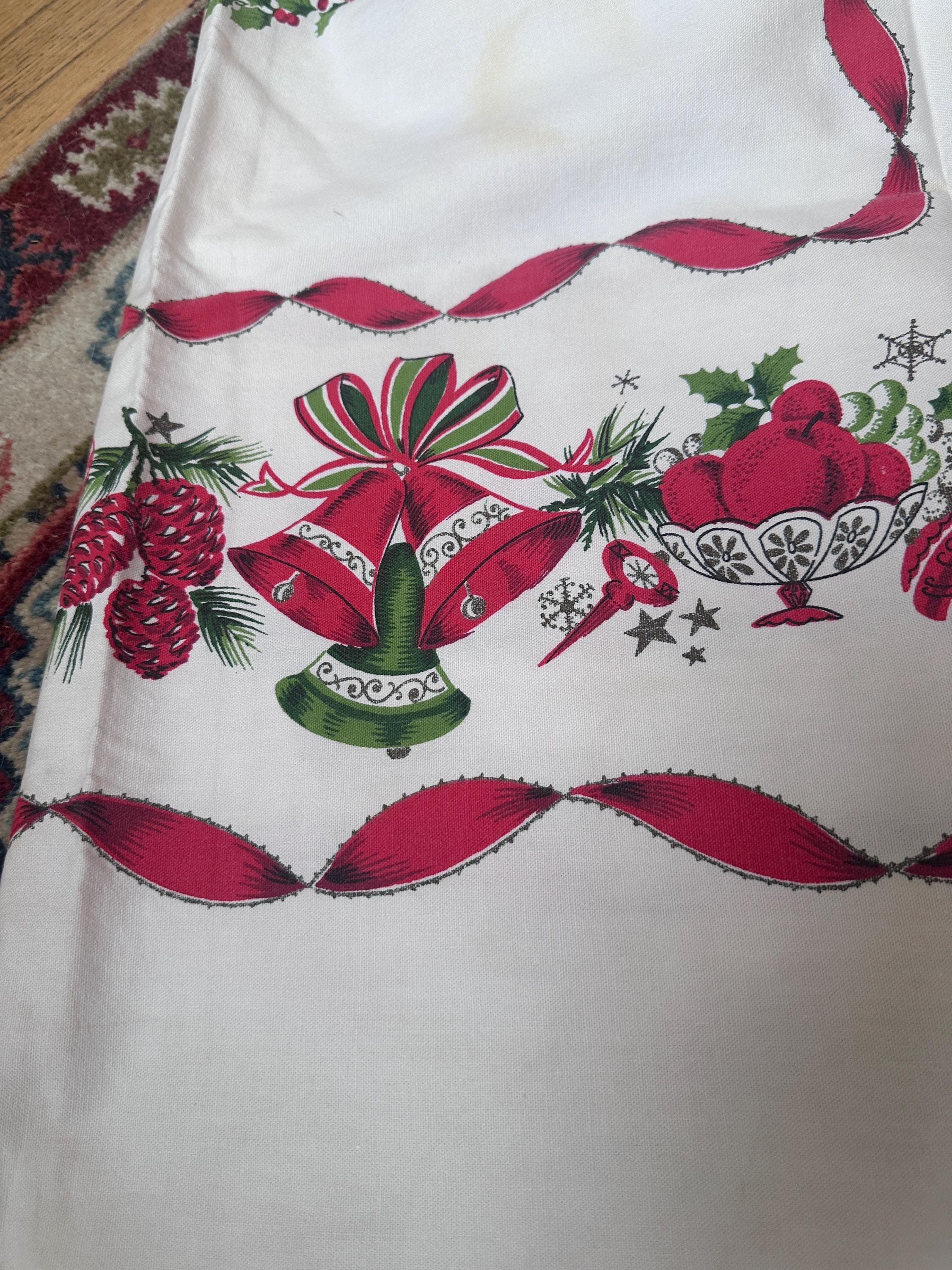Vintage MCM Christmas Tablecloth | Red Ribbon, Poinsettia & Ornament Print | 46” x 52” | Retro Holiday Linens | Craft + Repurpose Project