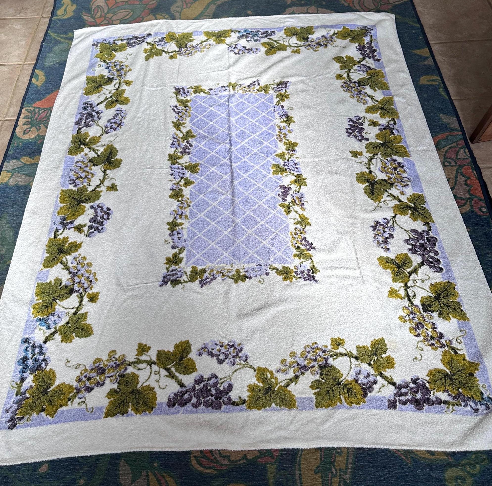 Vintage White Terrycloth Tablecloth with Lavender Lattice + Purple Grapes, Cottagecore Kitchen Decor Retro, Fruit Motif Table Cover, 48 x 62