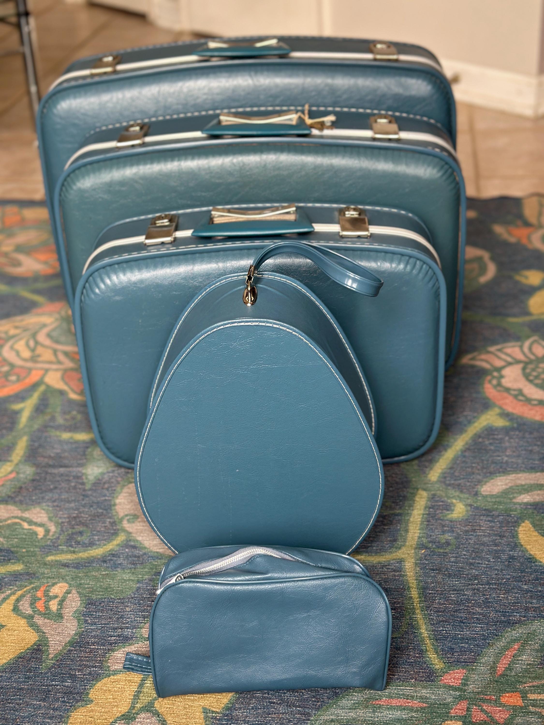 Vintage Volaris Blue 5-Piece Luggage Set | 3 Suitcases, Hat Box & Makeup Case | Retro Travel Decor | Mid-Century Travel Collection