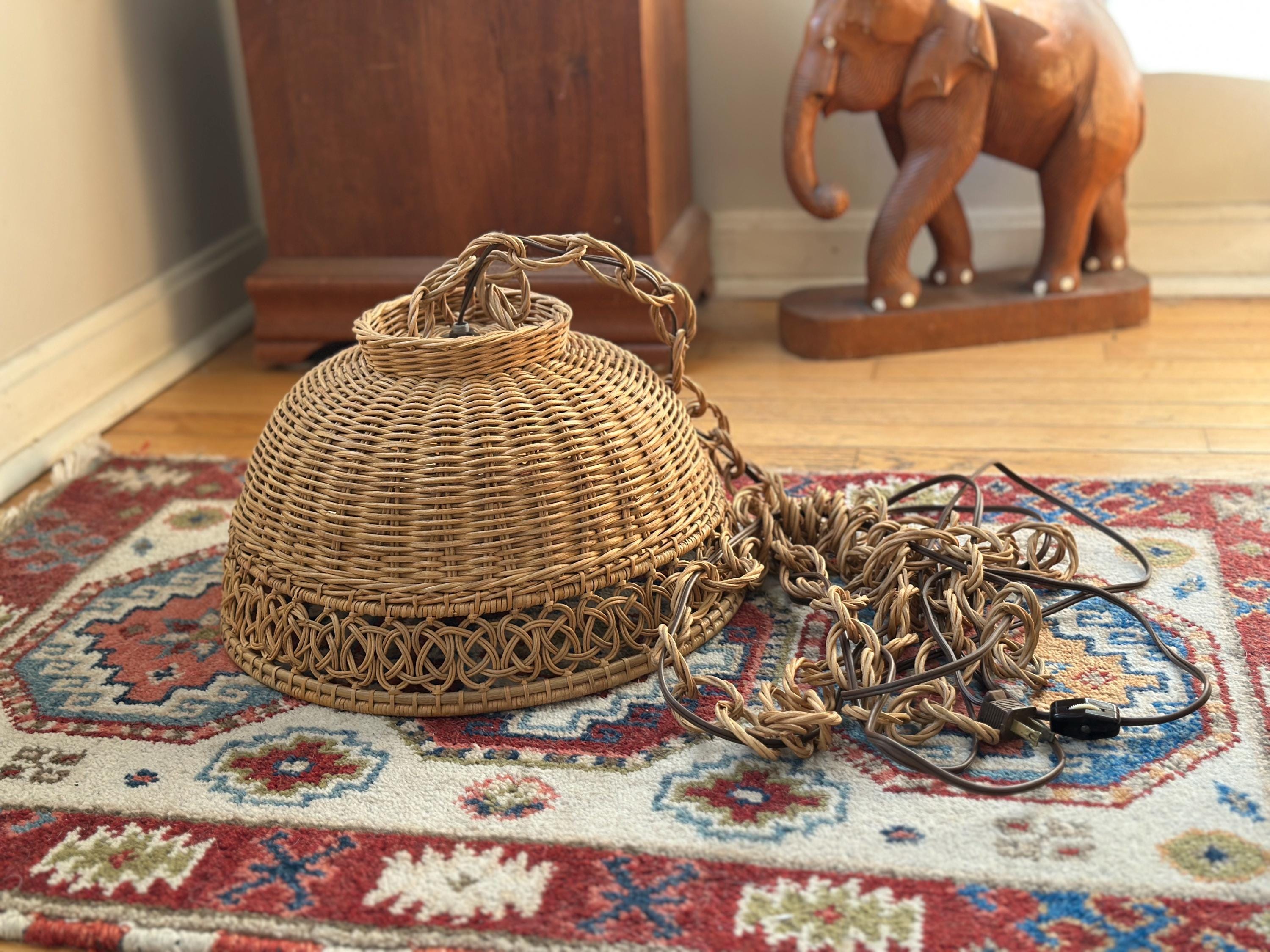Vintage Wicker Hanging Swag Lamp – Boho Rattan Pendant Light Fixture – Coastal Beach House Decor – Working Vintage Lighting