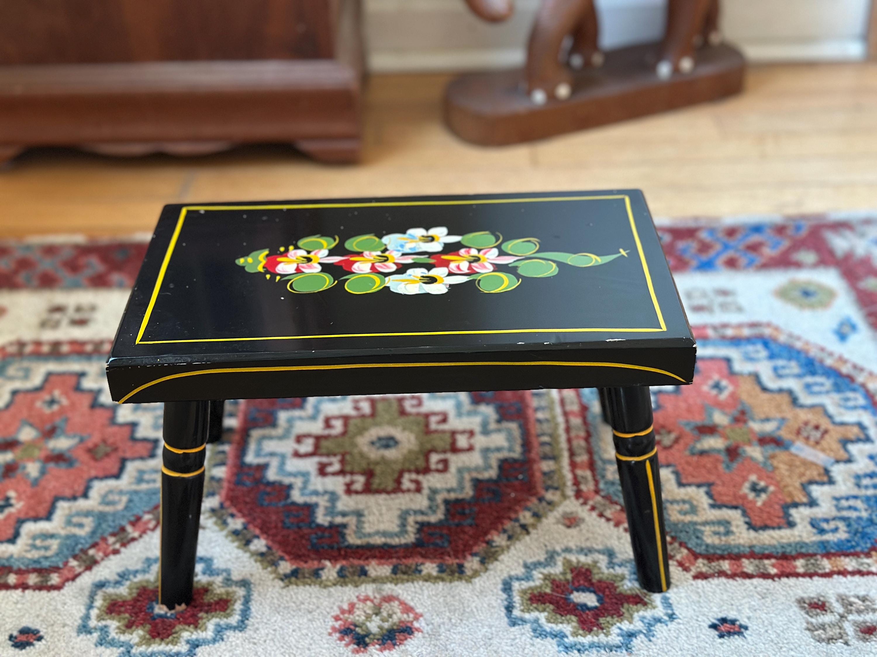 Vintage J.S. Ebersol Hand-Crafted Painted Folk Art Stool | Pennsylvania Dutch Black Painted Wood Stool | 1960s Primitive Decor | 12” x 7.5”