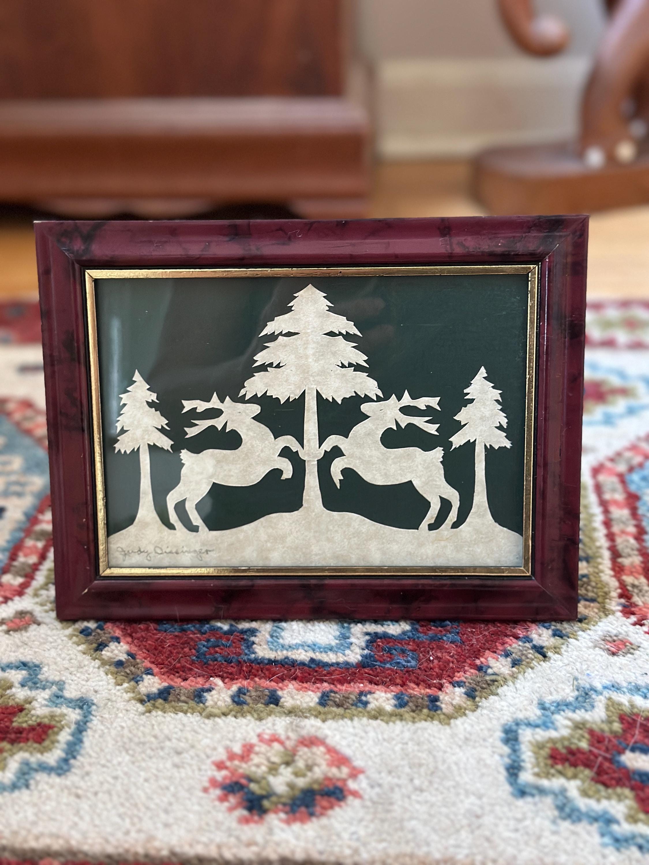 Vintage Framed Scherenschnitte Paper Cut Art | Hand-Cut Deer & Pine Tree Silhouette | Artist Signed Folk Art | 8.25” x 6.5”
